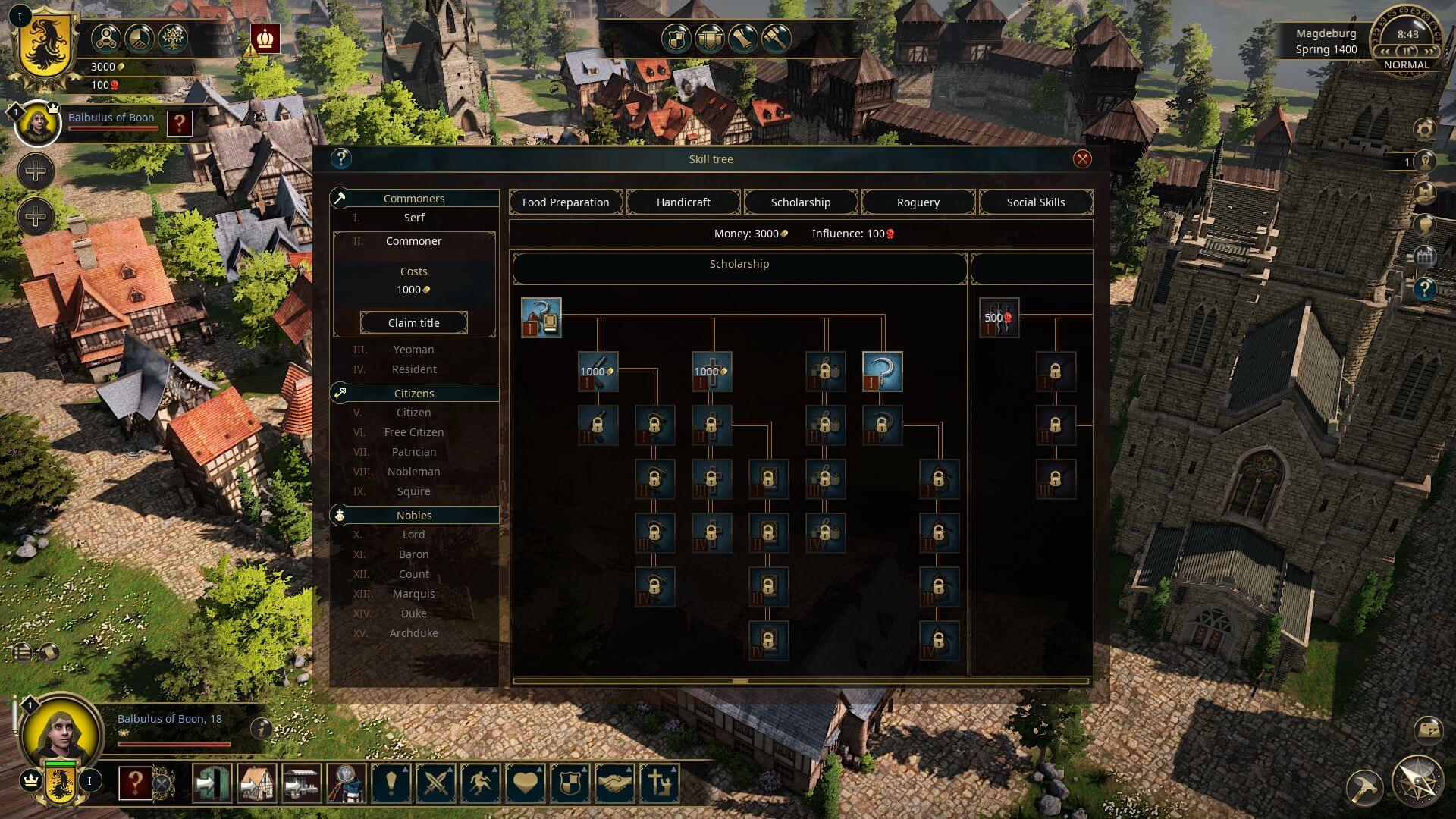 The Guild 3 skill tree with profession branches and title requirements for beginners