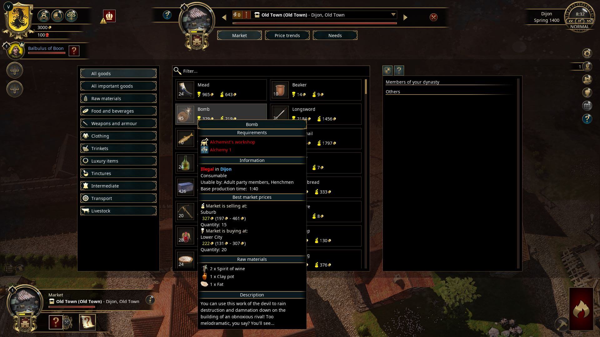 The Guild 3 market menu with product categories, prices and needs